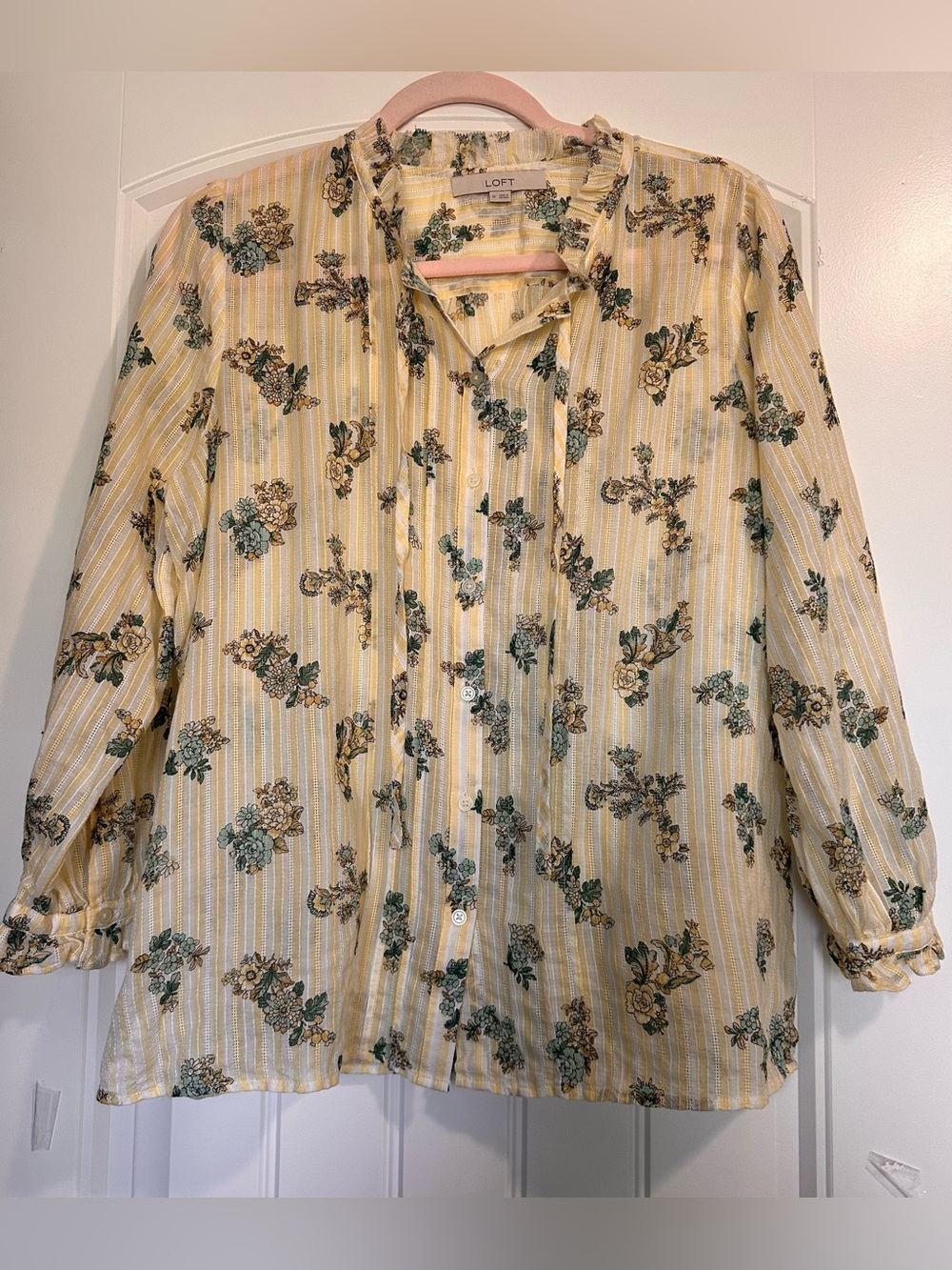 LOFT Yellow Striped Floral Button-Down Blouse